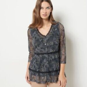 Isaac Mizrahi Floral Black Lace‎ Trim Button Down Sheer Top Size 2X